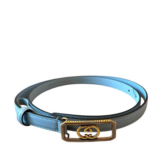 GUCCI Women\'s Thin Belt w/ Interlocking G Buckle Light Blue Leather SZ 90cm NEW main image 10